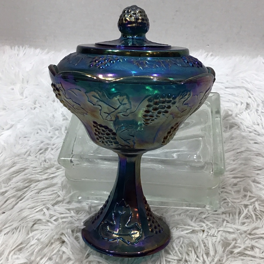 Vintage Indiana Carnival glass Iridescent Blue compote candy dish with lid
